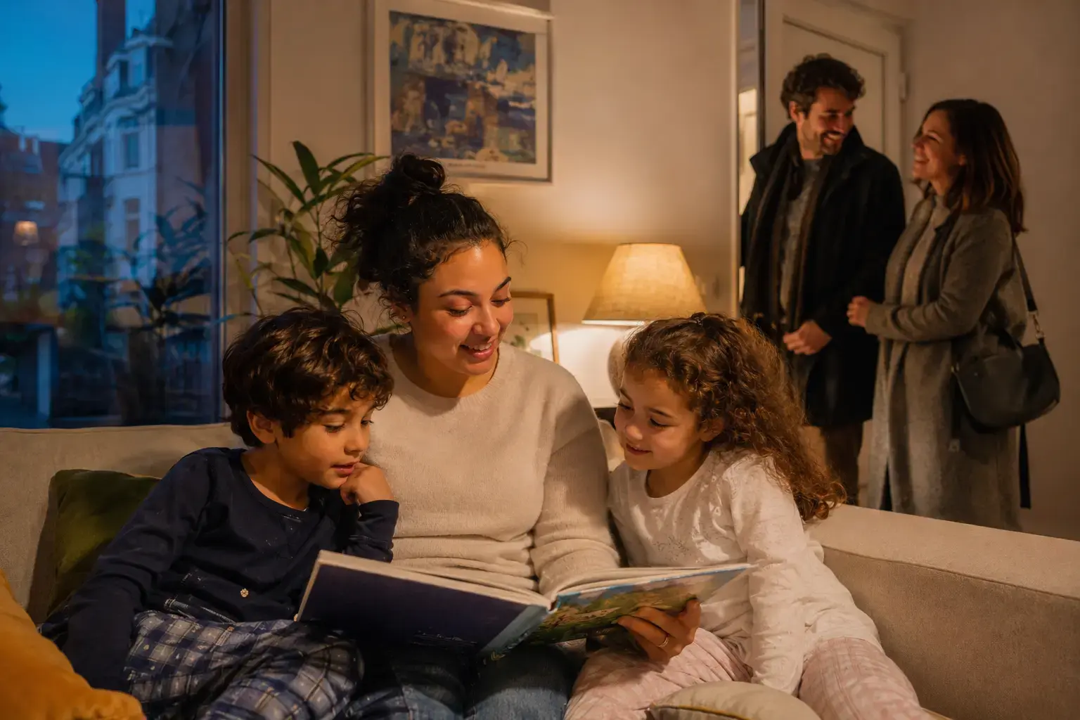 Babysitter leest een bedtijdverhaal terwijl ouders vertrekken