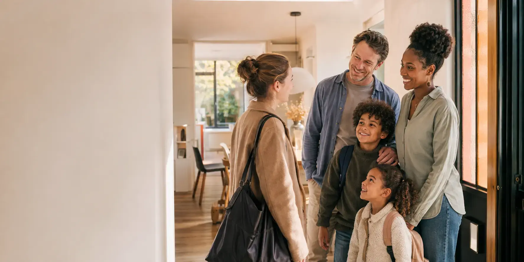 Een gezin verwelkomt een babysitter aan de deur van hun woning