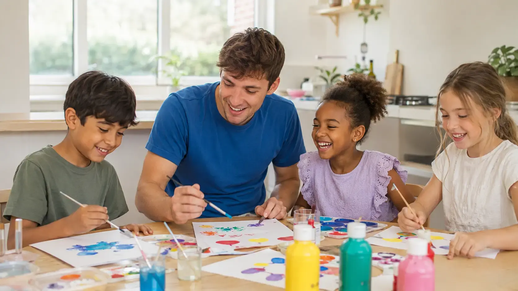 Babysitter maakt knutselwerk met kinderen tijdens de schoolvakantie